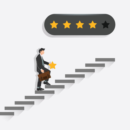 Businessman stepping up stairs holding a star will complete the rating concept vector illustrationのイラスト素材
