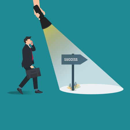 Hand holding a flashlight uncovering hidden success arrow sign design vector illustrationのイラスト素材