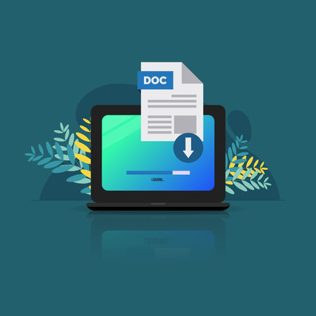 DOC format file on laptop screen. Downloading file with DOC label concept vector illustrationのイラスト素材