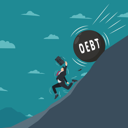 Businessman in danger with DEBT ball is rolling down to him design vector illustrationのイラスト素材