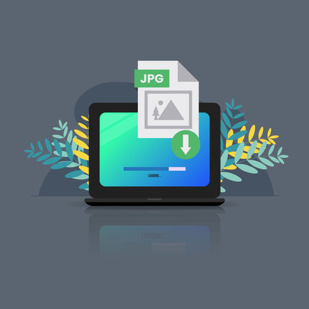 Download JPG file on laptop screen. Downloading file with JPG label concept vector illustrationのイラスト素材