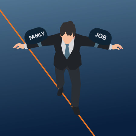 Businessman trying to balance on FAMILY and JOB on a wire design vector illustrationのイラスト素材