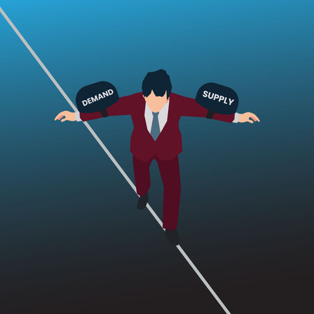 Vector businessman trying to balance on SUPPLY and DEMAND on a wire design illustrationのイラスト素材