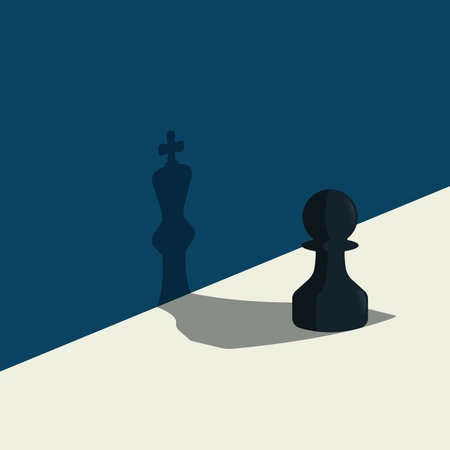 Chess pawn standing with shadow of king. Confident concept vector illustrationのイラスト素材