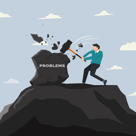 Vector businessman breaking rock of PROBLEMS by hammer design illustrationのイラスト素材