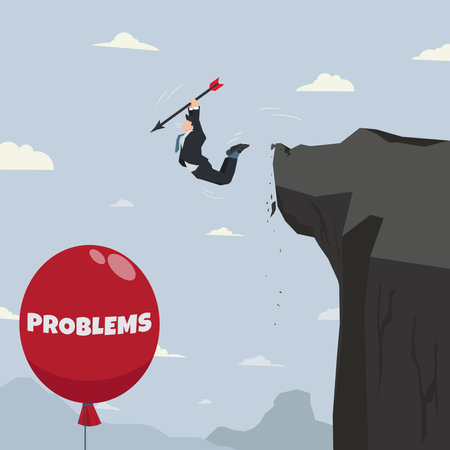 Businessman jumping from the cliff to pop the red balloon with word PROBLEMS. Solve the problems concept vector illustrationのイラスト素材