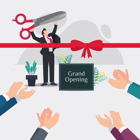 Businessman holding up big scissors with red ribbon in front and hands upplause. Grand Opening new business concept design vector illustrationのイラスト素材