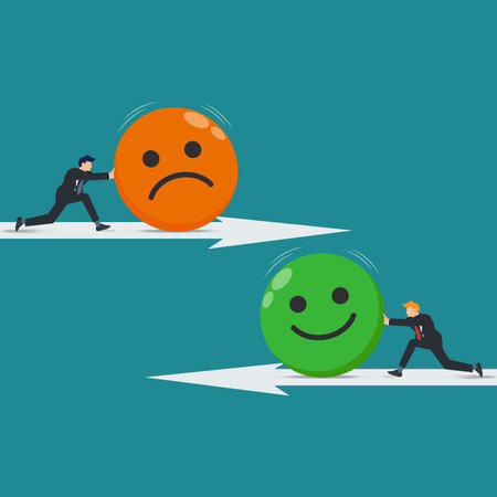 Vector two businessmen pushing the upset and happy emoticon vector illustrationのイラスト素材