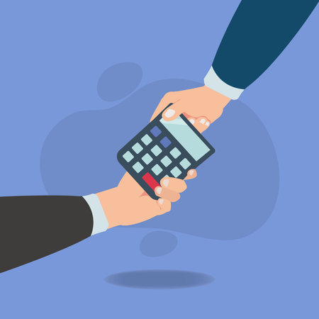 Businessman hands gives and receives a calculator. Financial and accounting in business concept vectorのイラスト素材