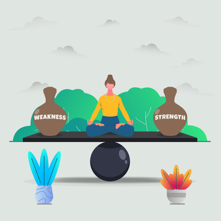 Woman meditation to balance between WEAKNESS and STRENGTH design vector illustrationのイラスト素材