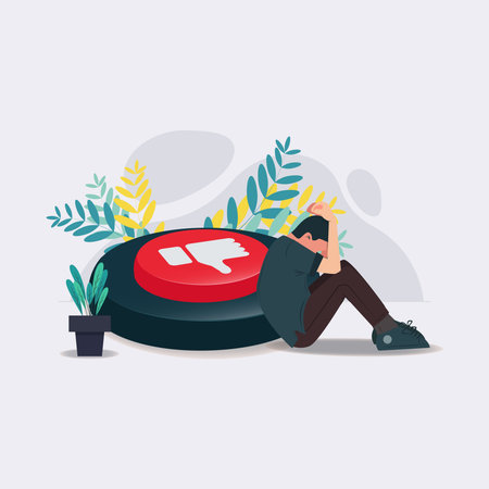 Sad man with red dislike button design vector illustration