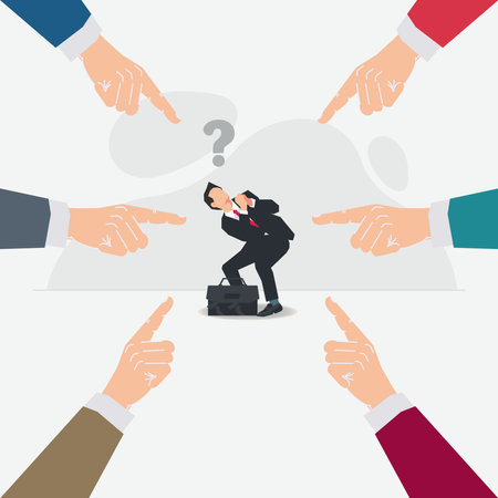 Vector businessman among the pointing hands. Businessman to blame concept illustrationのイラスト素材
