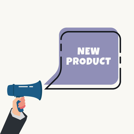 Hand holding megaphone with NEW PRODUCT speech bubble vector illustrationのイラスト素材