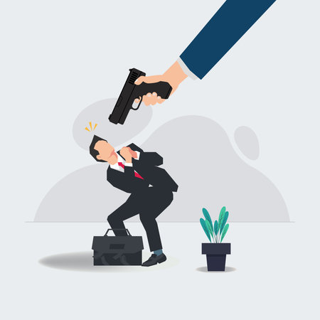 Businessman under gun. Gun point to head of businessman vectorのイラスト素材