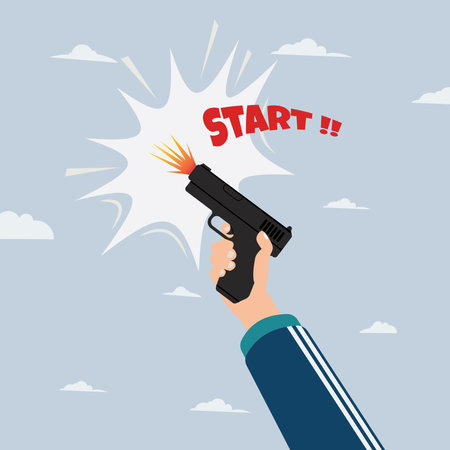 Hand holding a handgun and firing with start word. Start the game or sport competition concept vector illustrationのイラスト素材