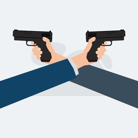 Businessman hands hold the gun. Hand aiming guns to each other vectorのイラスト素材