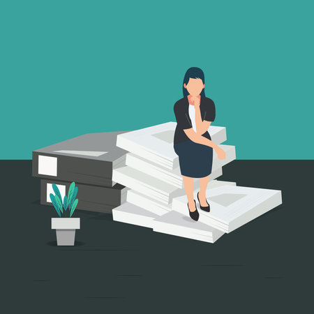 Vector businesswoman sitting on documents stackのイラスト素材