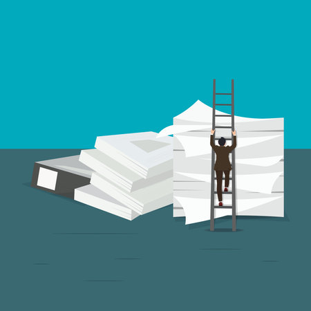 Vector businessman going up the ladder over the documentsのイラスト素材