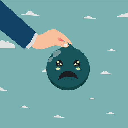 Businessman hand holding a face sad emoticon vector illustrationのイラスト素材