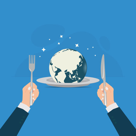 Businessman hand hold Fork and knife with globe on plate for food. World food concept vector illustrationのイラスト素材