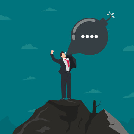 Businessman screaming with speech bubble symbolizing bomb. Big problems concept vectorのイラスト素材