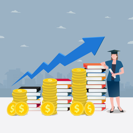 Woman with books and coins stack. Increase in education costs concept vector illustrationのイラスト素材