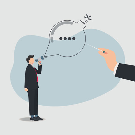 Businessman hand pushing the needle to pop speech bubble symbolizing bomb vectorのイラスト素材