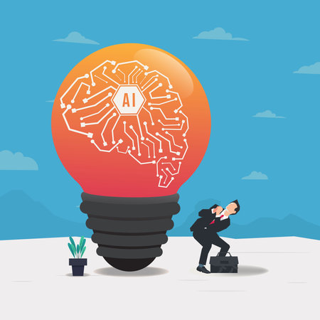 Businessman afraid of bulb and artificial brains. Humans face artificial intelligence design vectorのイラスト素材