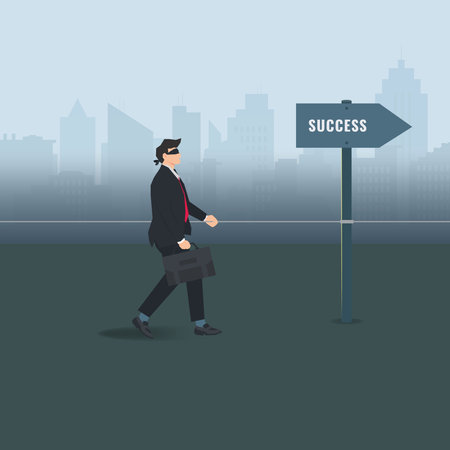 Blindfolded businessman walking a tightrope to the success arrow sign design vector illustrationのイラスト素材