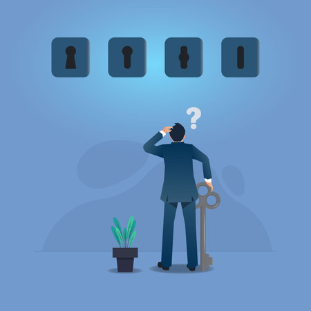 businessman confused to choose a suitable keyhole design vector illustrationのイラスト素材