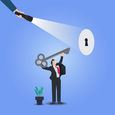 Hand holding flashlight to look a keyhole and businessman holding giant key. Finding business or problems solution concept design vector illustrationのイラスト素材