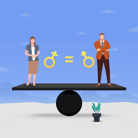 Female and male with gender symbols in balance scale. Gender equality and no discrimination concept design vector illustrationのイラスト素材