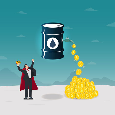 Businessman holding the crown with fuel and coins. Success with fuel business vector illustrationのイラスト素材