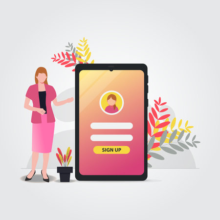 Woman and phone with log in or registration account. Sign up form and button on phone screen vector illustrationのイラスト素材