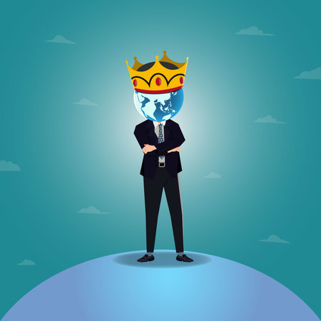 Businessman standing with earth head and crown. Success in the world concept vector illustrationのイラスト素材