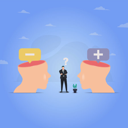 Businessman among negative and positive speech bubble opinions vector illustrationのイラスト素材