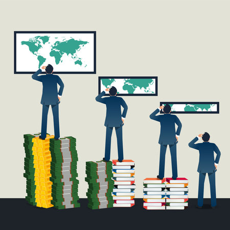 Businessman standing on a pile of books, money and gold bar getting taller looking at world getting wider design vector illustrationのイラスト素材