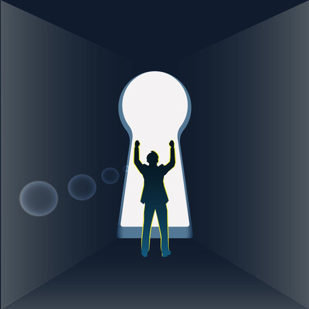 businessman at the edge of an open keyhole. Way to success design concept vector illustrationのイラスト素材
