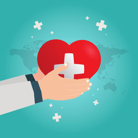 Hand with big heart and white cross inside. Health care concept vector illustrationのイラスト素材