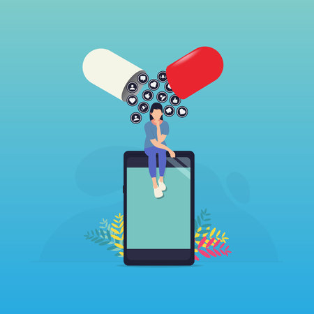 Girl sitting on phone with social media icon. Addicted to social media and feedback vector illustrationのイラスト素材