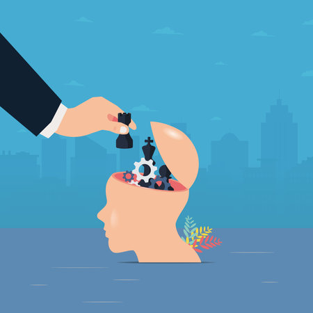 Businessman hand took chess rook, and head with gears and chess pieces inside. Make decisions in business strategy illustrationのイラスト素材