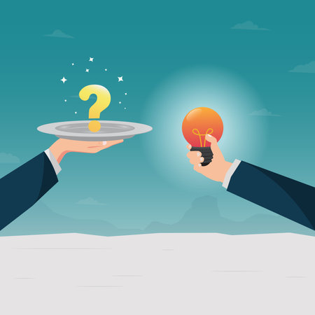 Businessman hand hold plate with question mark and light bulb. Offering problem solving conceptのイラスト素材
