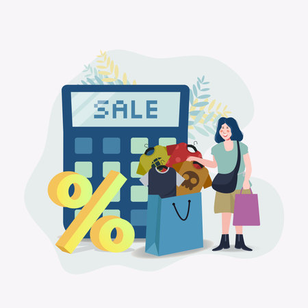 Sale and discount boy t shirt. Calculator sale and woman shopping vectorのイラスト素材