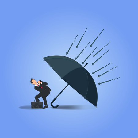 Businessman under the umbrella as a shield protecting from attacks. Business protection concept illustrationのイラスト素材