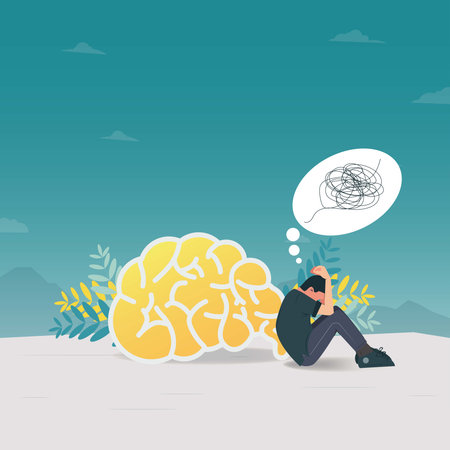 Man with bad mood, depressed or stress vector illustration