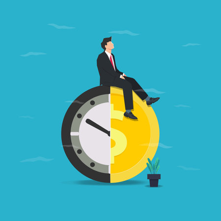 Businessman sitting on top of half big clock and half of a coin vector illustrationのイラスト素材