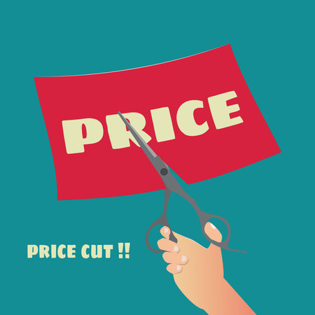 Hand cutting the price paper. Price cut concept vector illustrationのイラスト素材