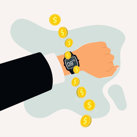 Hand using digital watch with money. Time is money concept illustrationのイラスト素材