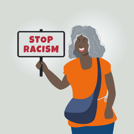 Woman hold the sign of stop racism. Anti racism campaign illustrationのイラスト素材
