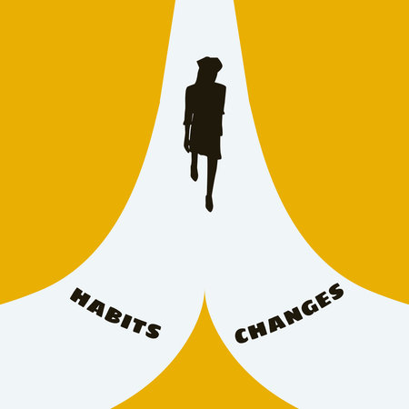 Vector illustration of a woman walking toward two diverging paths labeled Habits and Changesのイラスト素材